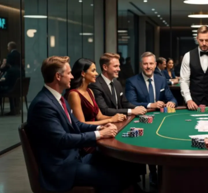Uczestnicy podczas firmowego wieczoru pokerowego w eleganckiej oprawie