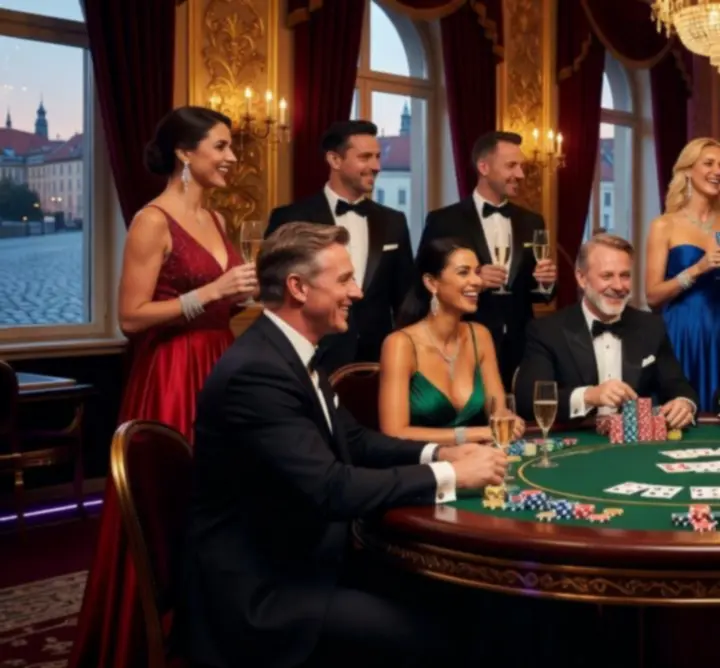 Goście bawiący się przy pokerowym stole podczas eventu w stylu kasynowym