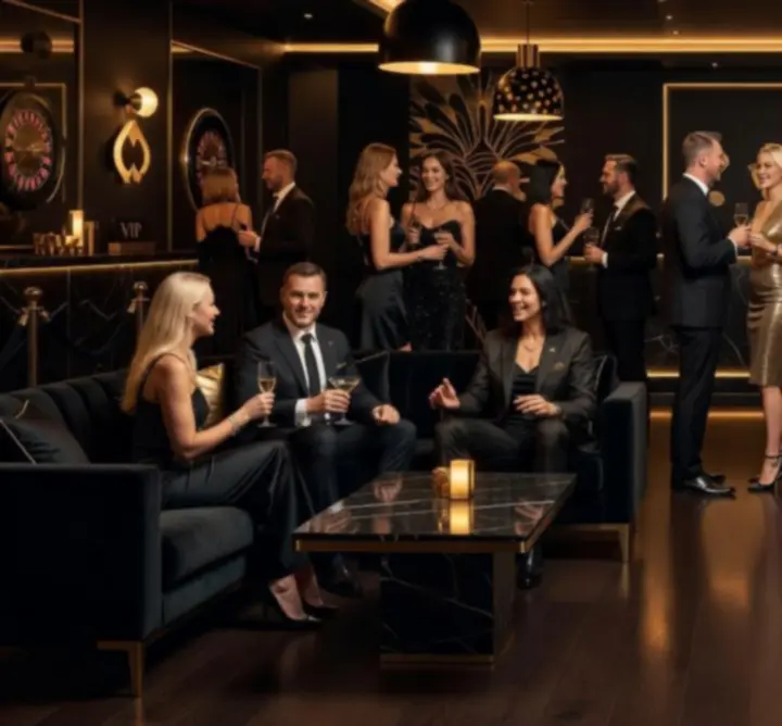 Goście rozmawiający i bawiący się przy stołach podczas eleganckiego eventu