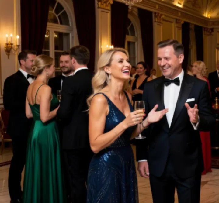 Uśmiechnięci goście rozmawiający przy stołach podczas kasynowego eventu